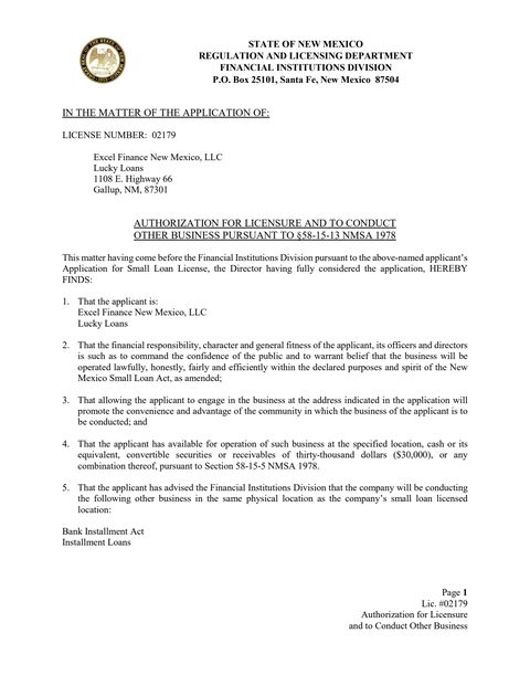 Lucky Loans New Mexico license #02179 (PDF)